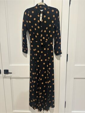 Anthropologie Loveland Wide Leg Black Jumpsuit with Gold Polka Dots